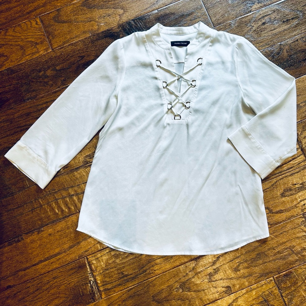 Ivanka Trump White Lace-Up Blouse, Size M